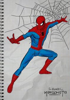 a drawing of a spider man in blue and red