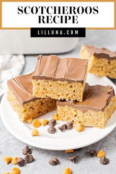 three pieces of peanut butter and chocolate squares on a white plate with the title text above it