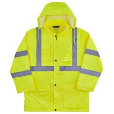 The GloWear 8366 lightweight Hi-Vis rain jacket is designed with waterproof materials (150D polyester oxford with a polyurethane (PU) coating) and fully taped seams for reliable protection in the face of stormy weather. This lightweight reflective rain jacket easily fits over workwear without sacrificing mobility. Fully taped seams are bonded to the jacket to keep water from sneaking in, while a vented cape-back allows heat and moisture to escape for added breathability. An attached drawstring hood can be stowed away when not needed. Reflective tape on chest and arms adds visibility at night or in low-light conditions. It's the perfect lightweight waterproof work jacket for those working in road construction, utilities, construction, emergency response, airline, railway or survey crews. Fo Road Construction, Stormy Weather, Rain Pants, Reflective Tape, Emergency Response, Rain Gear, Types Of Jackets, Work Jacket, Work Jackets