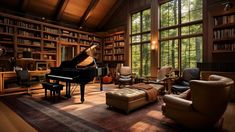 a living room filled with furniture and a grand piano