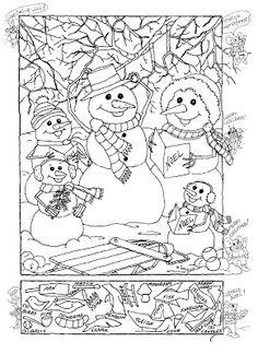 a coloring page with three snowmen in the woods