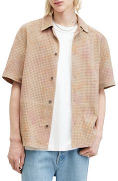 Small, neatly patterned perforations bring texture and breathability to a camp shirt cut from goatskin leather for a standout look at warm-weather occasions. 29" length; 46" chest (size Medium) Front button closure Convertible collar Short sleeves Leather Professional leather clean Imported Casual Leather Tops For Spring, Allsaints Camp Collar Top For Spring, Casual Leather Top With Short Sleeves, Casual Brown Leather Tops, Casual Leather Tops With Short Sleeves, Casual Leather Short Sleeve Tops, Brown Leather Casual Tops, Casual Collared Leather Tops, Casual Allsaints Summer Shirt