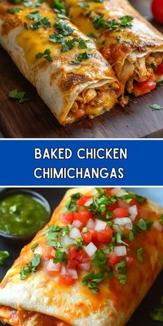 two pictures of baked chicken and chimichangas on a cutting board