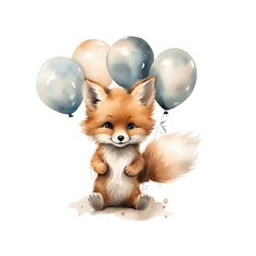 a little fox holding some balloons in it's mouth and sitting on the ground