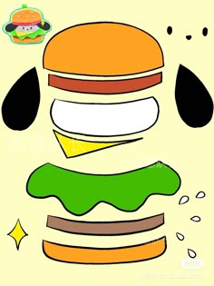 a drawing of a hamburger with green sauce and ketchup on it's side