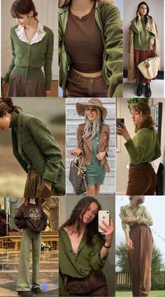 Color Combination With Olive Green, Brown With Green Outfits, Colours That Go Together Fashion, Colour Combination With Olive Green, Fashion Color Matching, Fall Colour Outfits, Brown And Dark Green Outfit, Moss Green Outfit Color Combos, Colour That Goes With Green