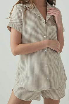 This pure cotton, striped boyfriend Pjs set features a button down shirt with casual shorts, not only will keep you cool and comfortable for the best night's sleep, they will also your favorite summer lounge set. Say bye to night sweats with that temperature regulating natural sleepwear set. This preppy pajama shorts set is perfect as bridesmaid Pjs, mother of the bride pajamas, birthday gift mom gift from daughter, gift for wife or girlfriend.  These pajamas are made of 83%Turkish cotton fabric Preppy Pjs, Natural Lounge, Pjs Women, Night Suit For Women, Pijamas Women, Birthday Gift Mom, The Maxx, Bridesmaid Pjs, Cotton Pajama Shorts