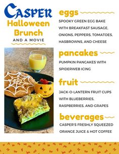 Casper Brunch Menu featuring Spooky Green Egg Bake, Pumpkin Pancakes with Spiderweb Icing, Jack-o Lantern Fruit Cups, Casper's Freshly Squeezed Orange Juice and Hot Coffee Themes Dinner Nights, Themed Dinners Ideas, Disney Halloween Movies, Disney Themed Movie Night, National Pancake Day, Disney Movie Night Dinner, Disney Inspired Food