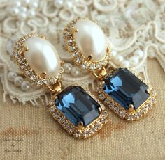 "Blue Navy Earrings, Bridal Navy Blue Earrings, Navy Blue Chandelier Earrings, Swarovski Crystal Dark Blue Earrings, Pearl Blue Earrings Long Prestigious Elegant Chandeliers earrings with Blue Navy and pearly white Swarovski crystal Rhinestones. \"Petite delights\" original design - made with real genuine high quality Austrian Swarovski ©Crystal and Swarovski settings. Details : ♥ U.S packages shipped via USPS® insured+USPS® tracking number ♥ 1 year guarantee ♥ Materials- 14k Gold or Silver Plat Chandelier Classic, Wedding Jewellry, Navy Earrings, Dark Blue Earrings, Navy Blue Earrings, Blue Chandelier, Blue Beaded Earrings, Blue Champagne, Bridal Earrings Chandelier