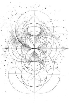 an abstract drawing with lines and circles in the center, on top of a white background