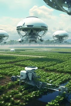 an artist's rendering of several futuristic flying vehicles in the air over a green field