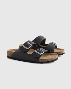 Nappa Leather Double Buckle Slide Modern Leather Sandals With Cushioned Footbed, Modern Leather Footbed Sandals With Cushioned Footbed, Black Cork Footbed Sandals With Round Toe, Classic Footbed Sandals With Cork-bed Midsoles And Round Toe, Black Footbed Sandals With Cork-bed Midsoles For Outdoor, Casual Leather Footbed Sandals With Cork-bed Midsoles, Leather Footbed Sandals With Cushioned Footbed For Outdoor, Leather Footbed Sandals With Textured Footbed For Outdoor, Leather Footbed Sandals For Outdoor With Textured Footbed