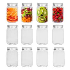 six mason jars filled with different types of fruits and vegetables in each jar, all lined up side by side