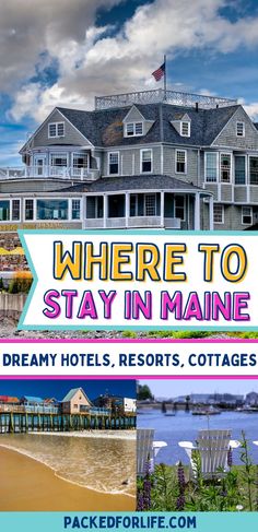 Bar Harbor Inn, Old Orchard Pier, and adirondeck chairs oceanfront. Text overlay; where to daty in Maine. Dreamy hotels, resorts, cottages. Knotts Harbor Maine, Resorts In Maine, Portland Maine Hotels, Couples Trips, Portland Maine Travel, Best Family Resorts