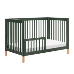 a green crib with white sheets on the bottom and wooden legs, against a white background