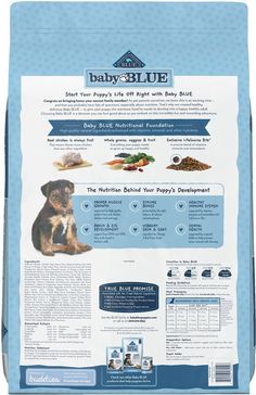 blue buffalo puppy food is shown on the back of a bag, with instructions for how to use it