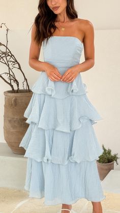 Elevate your style with this elegant strapless maxi dress, featuring tiered ruffle layers and a shirred back panel for a perfect fit. The structured bodice with boning and silicone grip ensures all-day comfort and confidence. School Dances Dresses, Formal Dance Dresses, Formal Dance, Ruffle Maxi Dress, Cute Prom Dresses, Strapless Maxi, Blue Bridesmaid Dresses, Strapless Maxi Dress