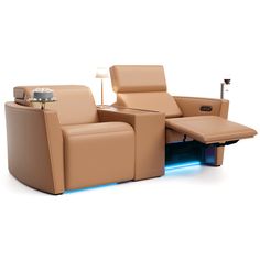 the reclining chair has a blue light coming from it's armrests