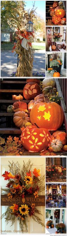 pumpkins and other decorations on display in front of a door with the words 50 fall porch decorating ideas