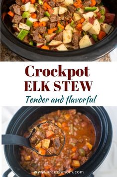 crockpot elk stew in a slow cooker with text overlay that reads, crockpot elk stew tender and flavorful