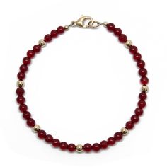 Red Jade and Gold Filled Bead Bracelet Elegant Red Beaded Bracelets With Spacer Beads, Red Gemstone Beaded Bracelets, Elegant Hand-strung Bracelets With Oval Beads, Elegant Red Beaded Bracelets, Red Rondelle Gemstone Beads Bracelets, Red Rondelle Gemstone Beaded Bracelets, Red Bracelets With Tiny Round Beads, Elegant Red Round Beaded Bracelets, Elegant Red Round Bead Bracelets