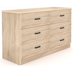 a wooden dresser with black handles and drawers