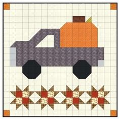 a cross stitch pattern with a truck and pumpkins on the front, as well as stars