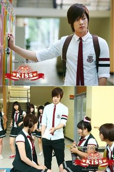 two pictures of people in school uniforms and one is holding a sign with the word kiss on it