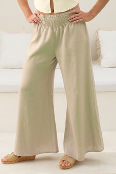 Linen Flood Pant - Natural Solid Color Wide Leg Pants For Vacation, Solid Wide Leg Pants For Vacation, Wide Leg Pants For Summer Relaxation, Beach Cotton Bottoms In Flax Color, Solid Linen Pants For Vacation, Solid Color Linen Wide Leg Pants With Elastic Waistband, Solid Linen Wide Leg Pants With Relaxed Fit, Summer Relaxation Straight Pants, Summer Straight Pants For Relaxation