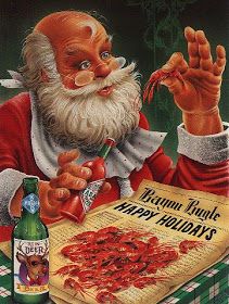 an image of a happy holidays card with santa claus eating crawfish and beer