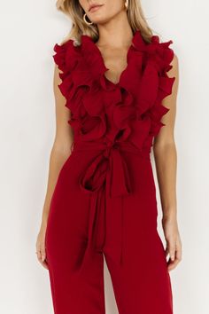 Get an ultra chic must-have! Our Tyra Ruffle Tank Jumpsuit comes in a burgundy color and is perfect for any occasion! Cocktail Jumpsuit, Burgundy Jumpsuit, Tank Jumpsuit, Baltic Born, Girls Tie, Romper Outfit, Velvet Fashion, Wide Pants, Burgundy Color