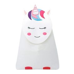 a white bag with a unicorn face and pink ears on it's head, sitting in front of a white background