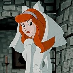 an animated image of a woman with red hair and white dress standing in front of a stone wall