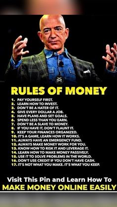 a poster with the rules of money written on it, and an image of a man in