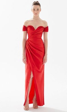 Tarik Ediz 98259 - Pleated Off-Shoulder Evening Dress – Couture Candy Tafetta Fabric, Off Shoulder Evening Dress, Sheath Skirt, Lace Evening Gowns, Tarik Ediz, Unique Prom Dresses, Draped Skirt, Evening Dresses For Weddings, Pleated Bodice