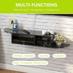 a wall mounted shelf with various functions and features