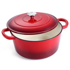 a red casserole with a white lid on a white background, is shown