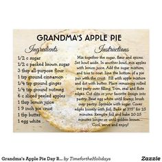 grandma's apple pie recipe on a cutting board with instructions for baking the pie