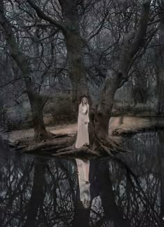 a woman standing in the middle of a forest next to trees and water at night