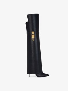 Shark Lock Stiletto over-the-knee boots in leather - black | Givenchy US Shark Lock Boots, Givenchy Shark, Givenchy Boots, Almond Toe Boots, Slip On Boots, Boot Bag, High Heel Boots, Leather Band, Over The Knee Boots