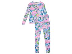 Lilly Pulitzer Kids Sammy Pajama Set (Toddler/Little Kids/Big Kids) - Girl's Pajama Sets : Gecko Green Tiger Sunrise : Your little one will love these cozy, long-sleeve pjs. The Lilly Pulitzer Kids Sammy Pajama Set is crafted in a soft printed cotton jersey on a fitted silhouette to make her slumber parties a little more fun and colorful. The two-piece set includes a long-sleeve shirt with coordinating leggings, both featuring picot trim for added style. The pullover top features a crew neckline Multicolor Long Sleeve Lounging Set, Multicolor Long Sleeve Loungewear Set, Multicolor Long Sleeve Lounge Sets, Playful Long Sleeve Lounging Set, Playful Long Sleeve Loungewear Set, Printed Long Sleeve Sleepwear For Sleepover, Multicolor Long Sleeve Sleepwear For Lounging, Playful Spring Stretch Sleepwear, Playful Stretch Sleepwear For Spring