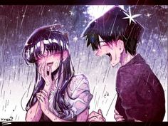 two people standing in the rain with their faces close to each other and one person covering his mouth