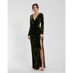 Long Sleeve Deep V Draped Velvet Gown Olive Style, Velvet Evening Dress, Mother Of Bride Outfits, Autumn Knitwear, Maxi Dresses Fall, Velvet Gown, Bride Groom Dress, Daytime Dresses, Mac Duggal