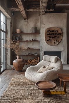 a living room filled with furniture and lots of shelves on top of eachother