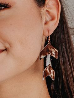 Take me to the rodeo cowhide earrings Rustic Brown Jewelry For Rodeo, Hand Tooled Brown Jewelry For Rodeo, Brown Hand Tooled Jewelry For Rodeo, Rustic Drop Earrings, Rustic Brown Jewelry For Ranch, Handmade Jewelry For Fall, Rust-colored Earrings For Gift, Cowhide Earrings, Rodeo