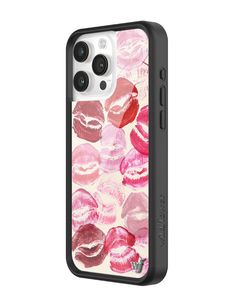 an iphone case with pink and red lipsticks on the back, in front of a white background