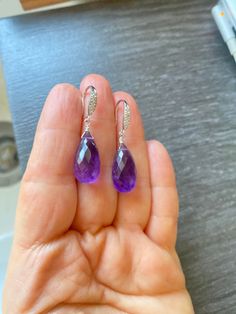 Luxury natural Amethyst dangle drops Pave Earrings. Sterling Silver jewelry. February birthday. Ultra violet gemstone. Handmade, luxury pair of earrings comprised of stunning Purple Amethyst briolette gem stones hand wire wrapped to sterling silver Pave ear wires studded with tiny, sparkling, diamond like CZ in front. Great gift for her, they will be a family heirloom for years to come. Gorgeous, high quality genuine stone is opaque with small natural inclusions measuring 21 x 9.5 mm, both are a Amethyst Briolette Earrings For Formal Occasions, Formal Amethyst Briolette Earrings, Purple Briolette Fine Jewelry Earrings, Oval Amethyst Earrings With Gemstone Accents, Gemstone Drop Earrings For Anniversary, Fine Jewelry Teardrop Gemstones With Accents, Teardrop Gemstone Crystal Earrings For Formal Occasions, Elegant Amethyst Teardrop Dangle Earrings, Formal Teardrop Crystal Earrings With Gemstones