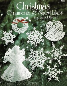 a book with crocheted snowflakes and ornaments on it's cover