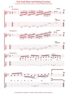 sheet music for guitar with notes and tabs, including the words fastak runs and solong exercises