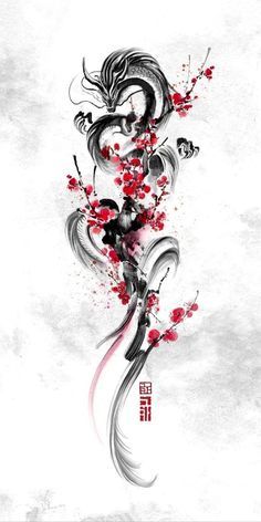 an artistic painting with red flowers on the side and black ink writing in chinese characters